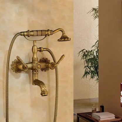 Antique brass floral shower mixer set bathroom faucet with ceramic handle