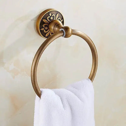 Antique brass floral bath hardware set with towel rack and toilet brush