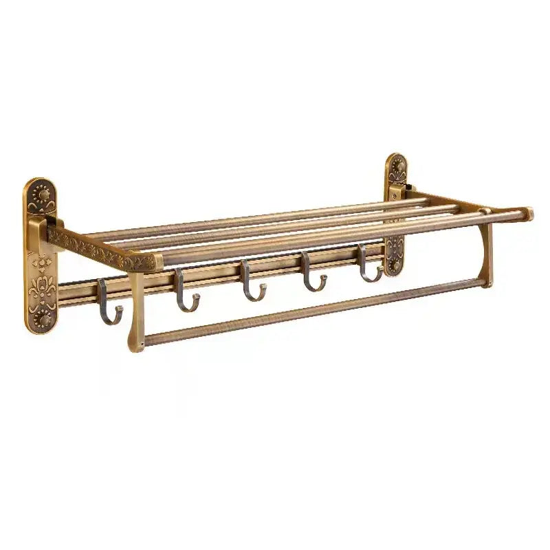Antique brass floral bath hardware set with towel rack and toilet brush