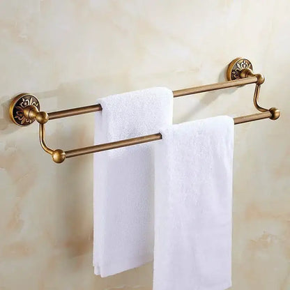Antique brass floral bath hardware set with towel rack and toilet brush