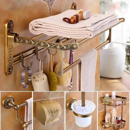 Antique brass floral bath hardware set with towel rack and toilet brush