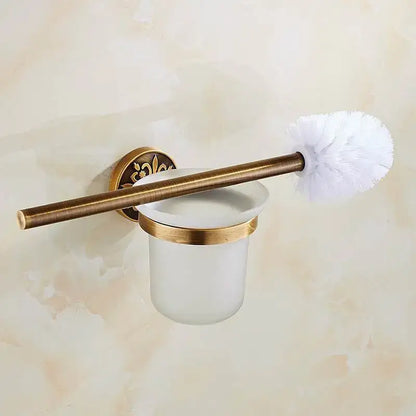 Antique brass floral bath hardware set with towel rack and toilet brush