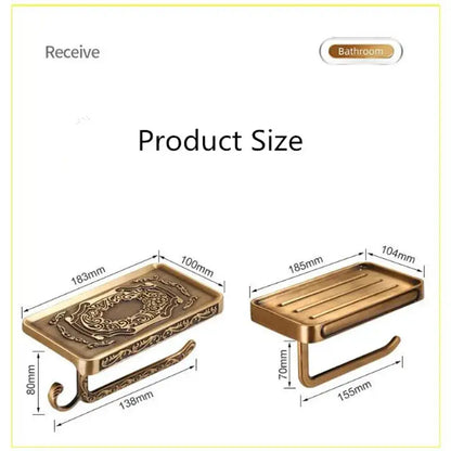 Antique brass ornate toilet paper holder with phone shelf bathroom
