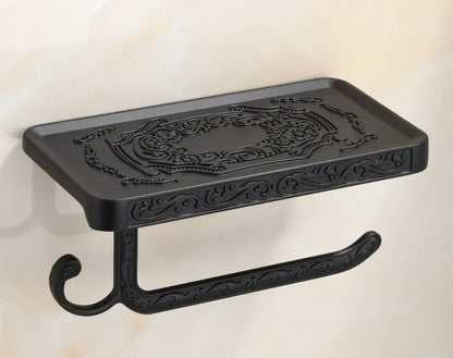 Antique brass ornate toilet paper holder with phone shelf bathroom