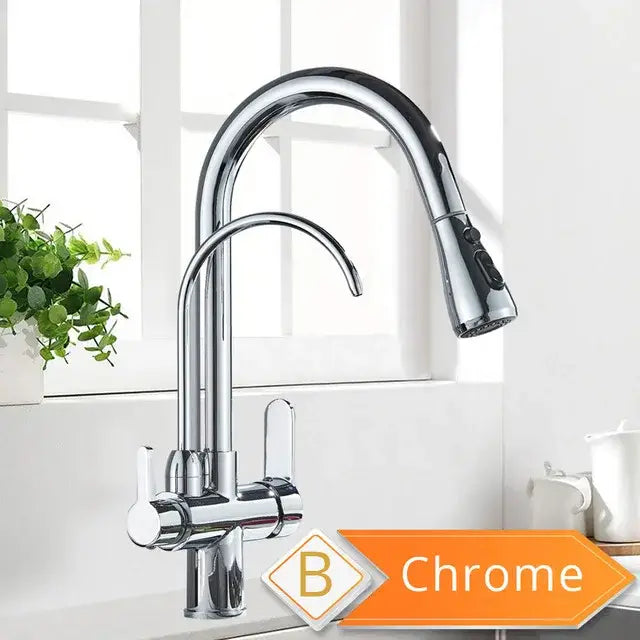 Antique brass kitchen faucet with pull down spray and purification