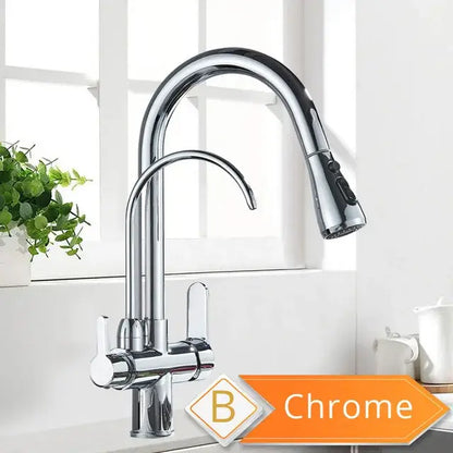 Antique brass kitchen faucet with pull down spray and purification