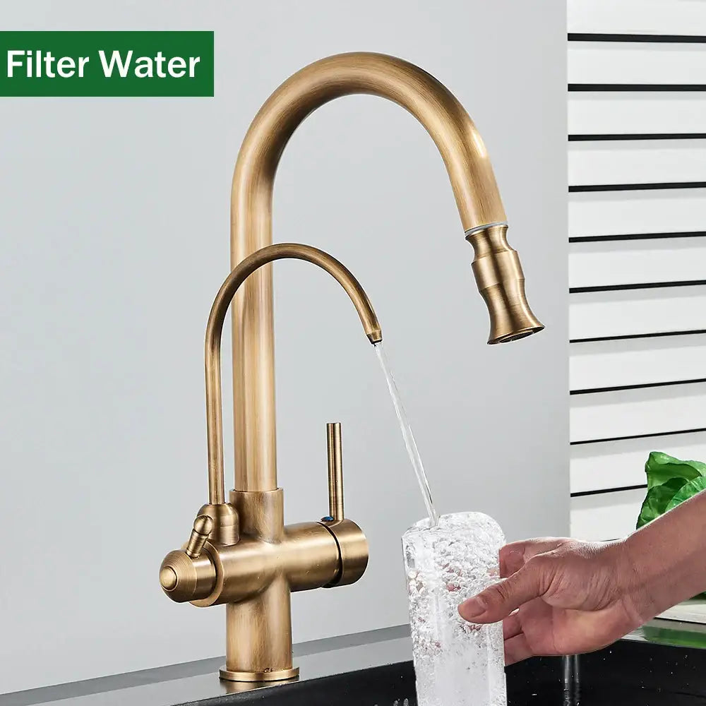 Antique brass kitchen faucet with pull down spray and purification