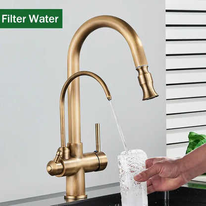 Antique brass kitchen faucet with pull down spray and purification