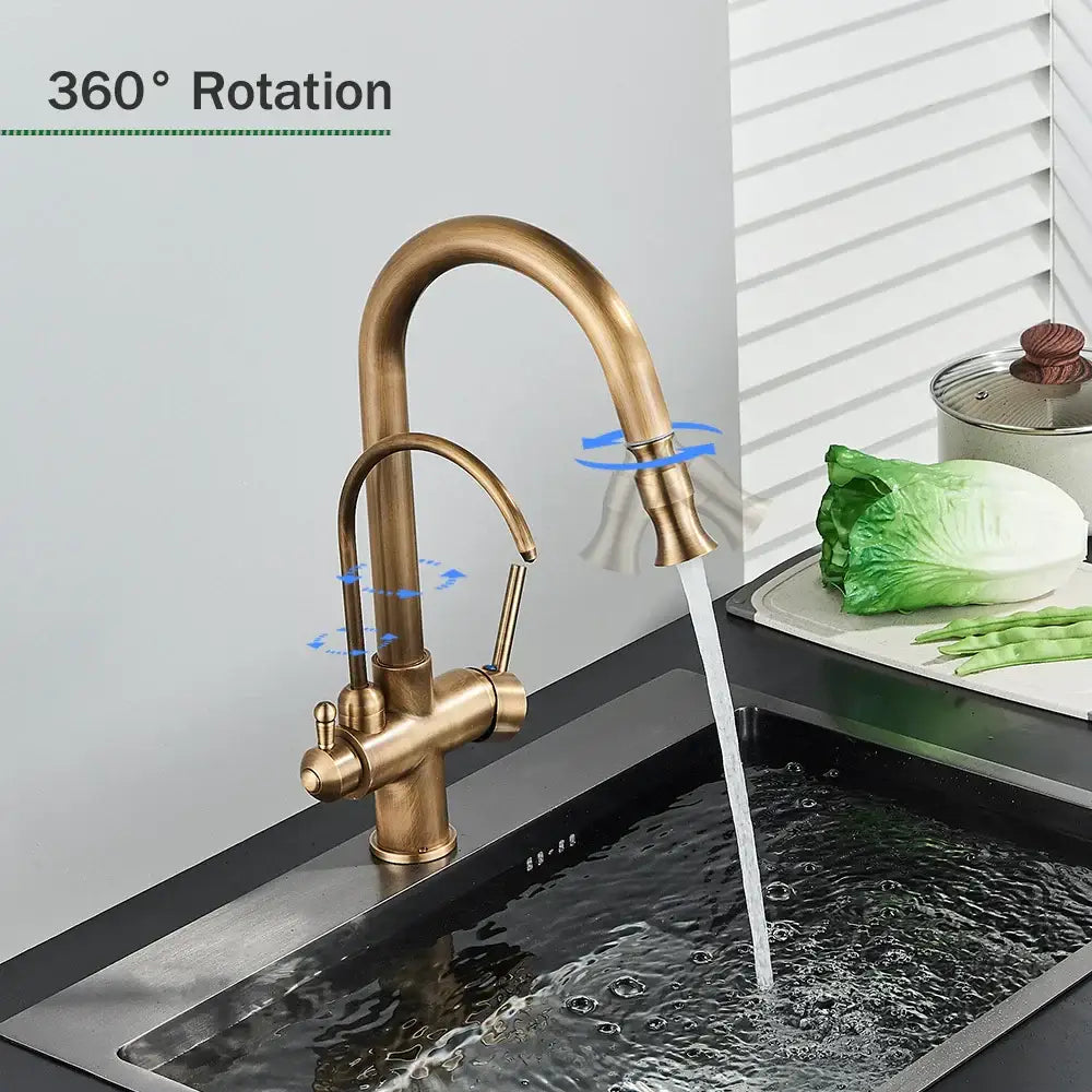 Antique brass kitchen faucet with pull down spray and purification