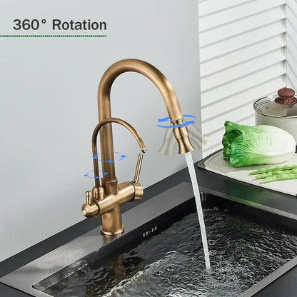 Antique brass kitchen faucet with pull down spray and purification