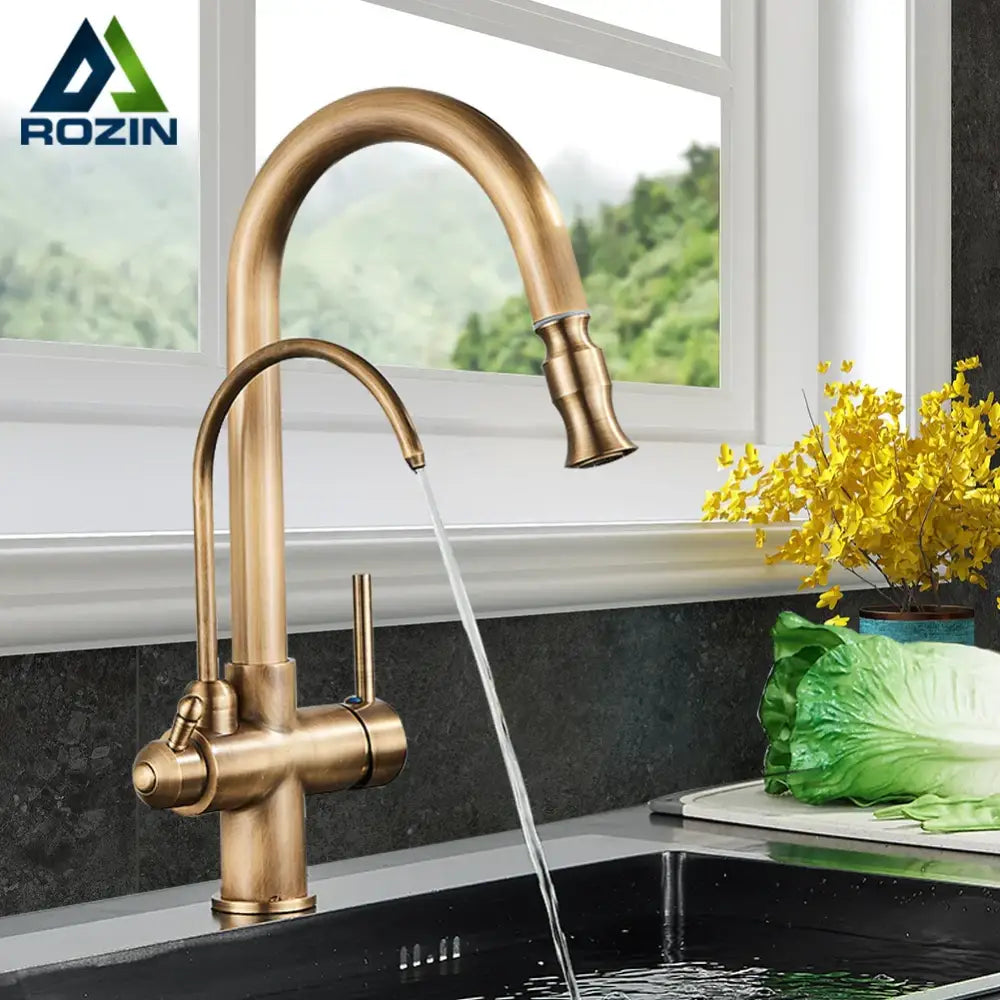 Antique brass kitchen faucet with pull down spray and purification