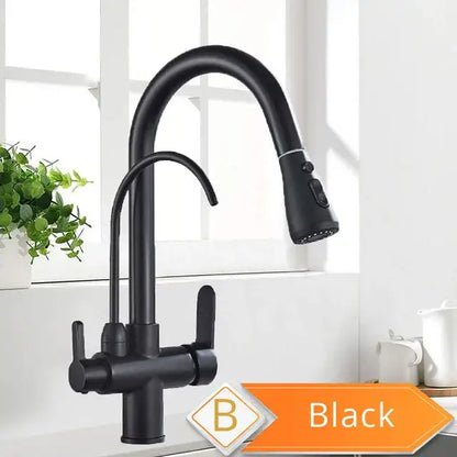 Antique brass kitchen faucet with pull down spray and purification
