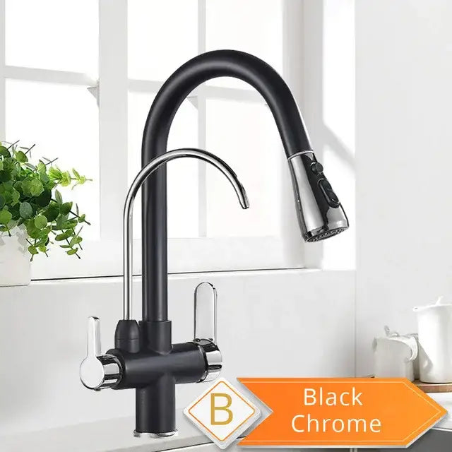 Antique brass kitchen faucet with pull down spray and purification