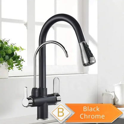 Antique brass kitchen faucet with pull down spray and purification