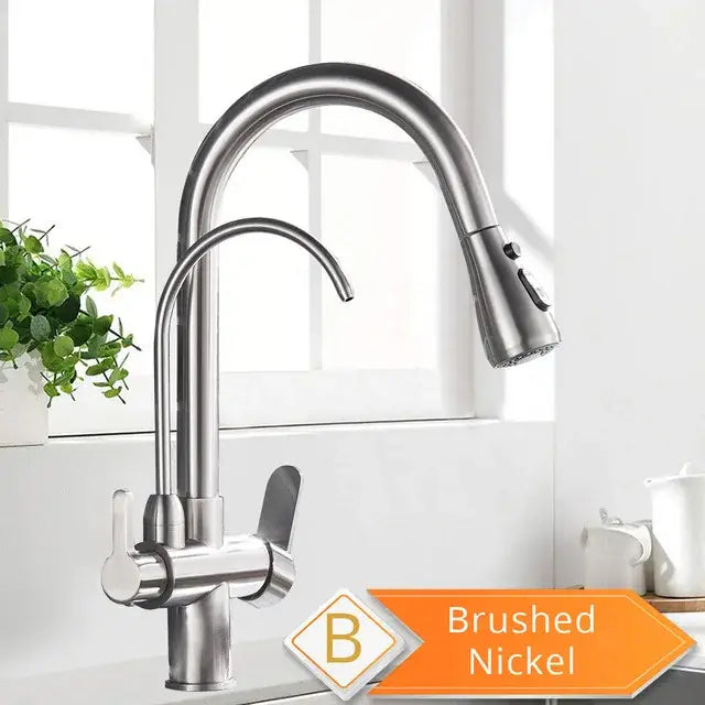 Antique brass kitchen faucet with pull down spray and purification