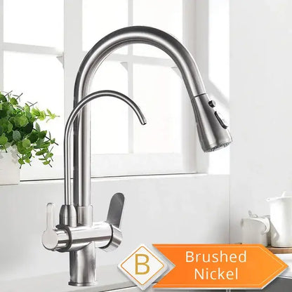 Antique brass kitchen faucet with pull down spray and purification