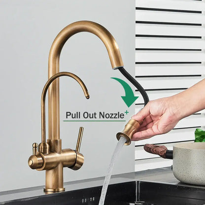 Antique brass kitchen faucet with pull down spray and purification