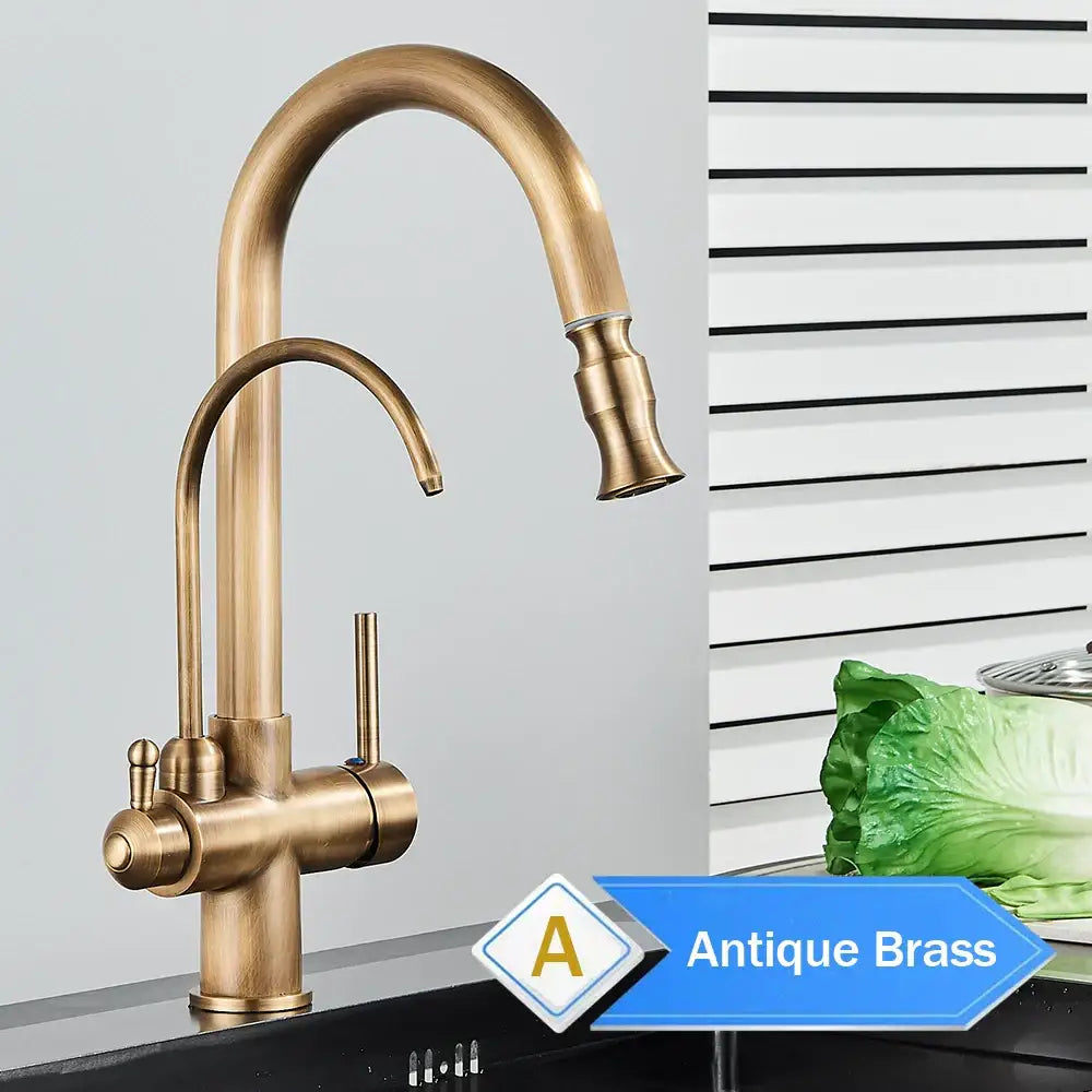 Antique brass kitchen faucet with pull down spray and purification