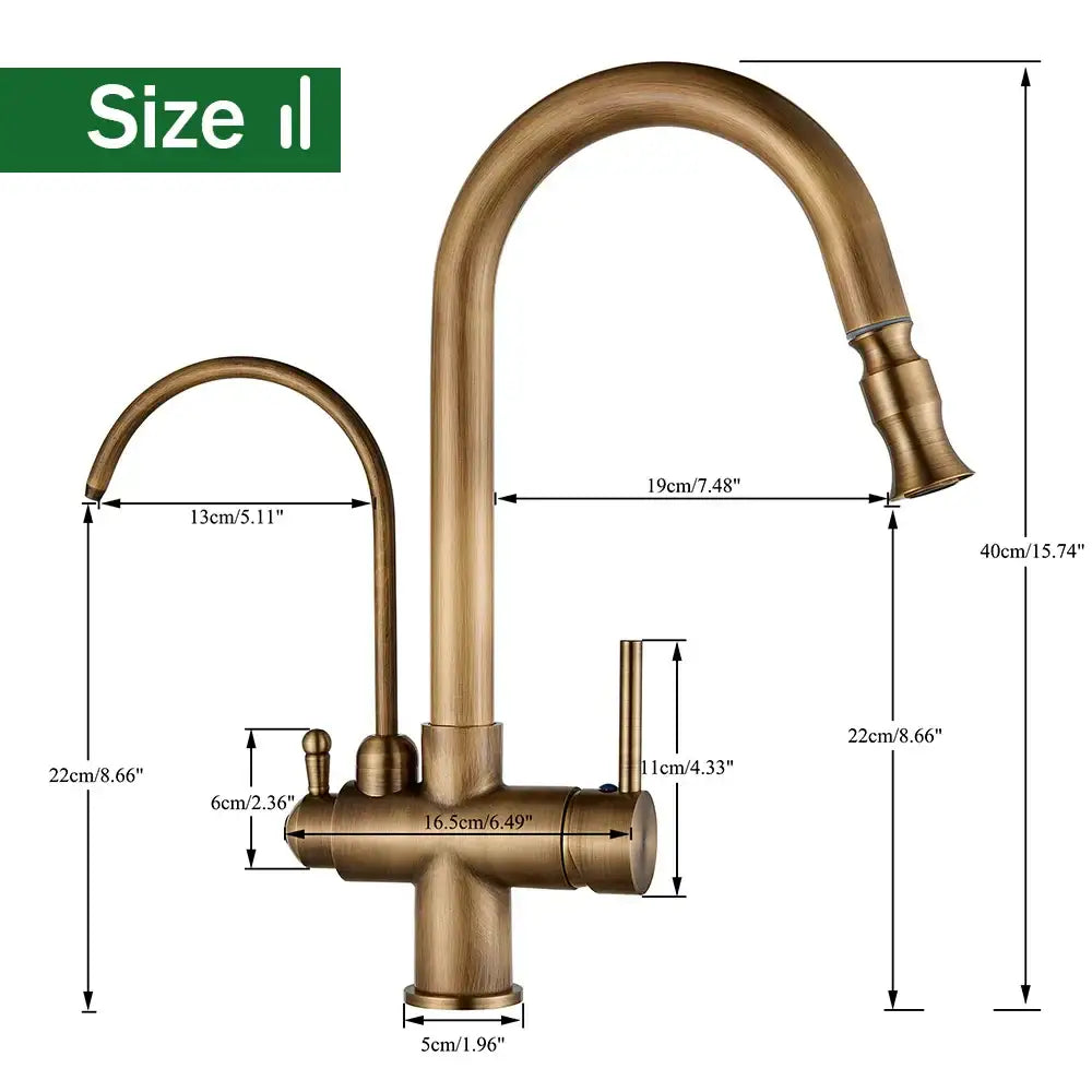 Antique brass kitchen faucet with pull down spray and purification