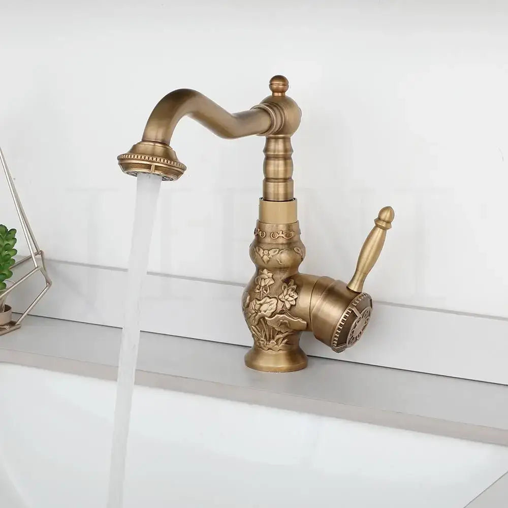 Antique brass floral basin faucet kitchen art design mixer tap