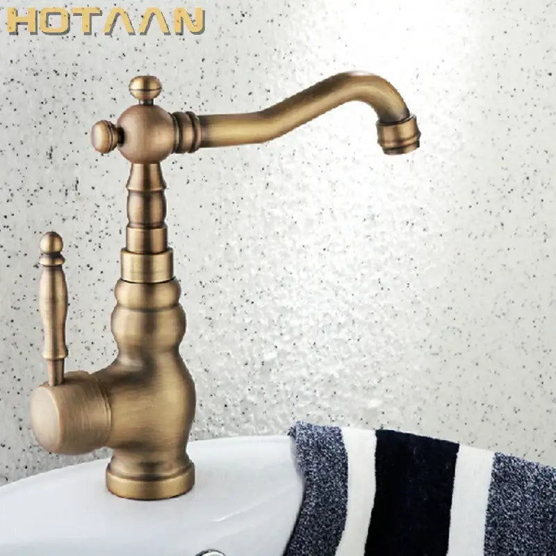 Ornate antique brass basin faucet for kitchen with single lever handle