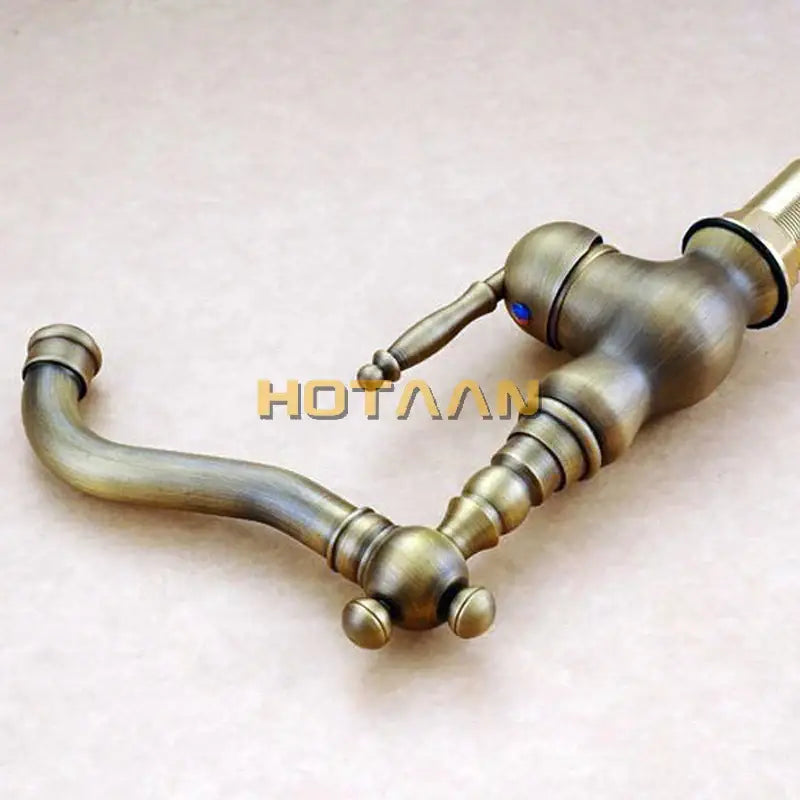 Ornate antique brass basin faucet for kitchen with single lever handle