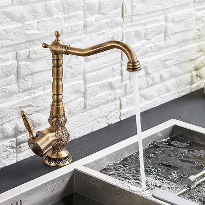 Antique brass flower carved kitchen basin faucet with 360 rotation