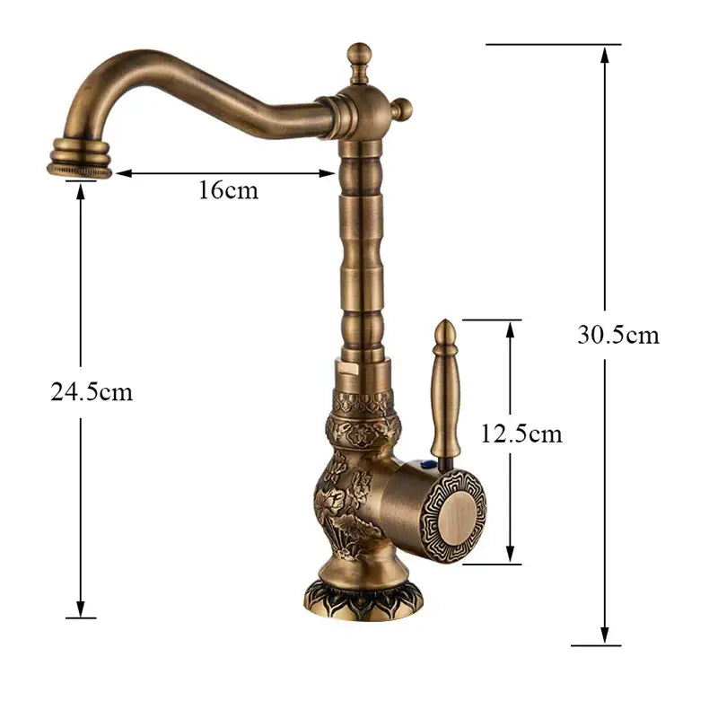 Antique brass flower carved kitchen basin faucet with 360 rotation