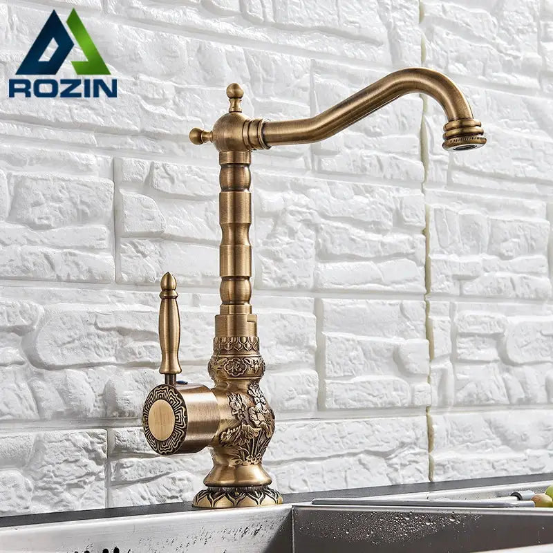 Antique brass flower carved kitchen basin faucet with 360 rotation