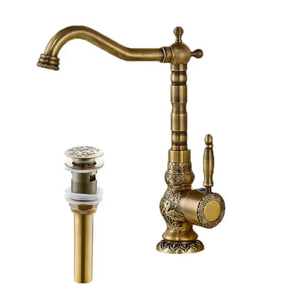 Antique brass flower carved kitchen basin faucet with 360 rotation