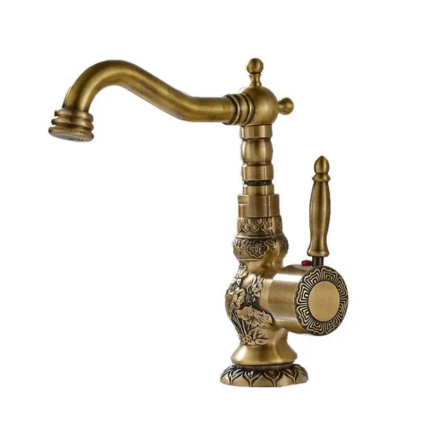 Antique brass flower carved kitchen basin faucet with 360 rotation