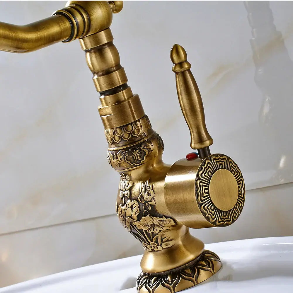 Antique brass flower carved kitchen basin faucet with 360 rotation