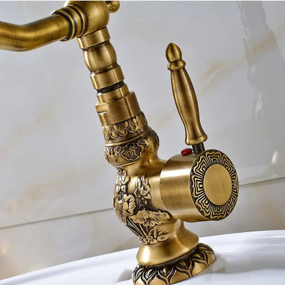Antique brass flower carved kitchen basin faucet with 360 rotation
