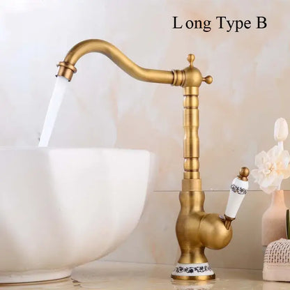 Antique brass basin faucet with floral ceramic handles kitchen mixer