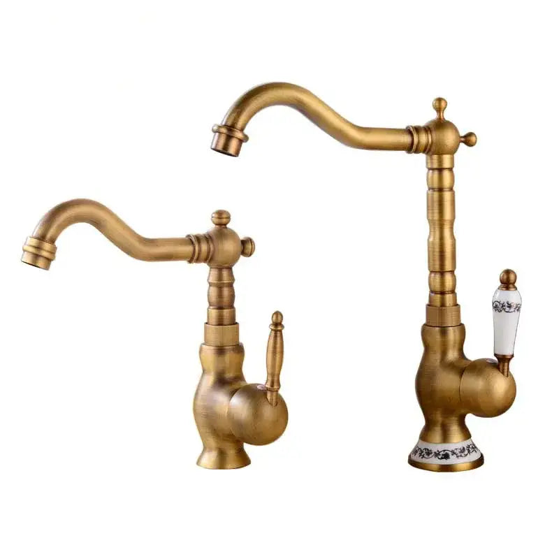 Antique brass basin faucet with floral ceramic handles kitchen mixer