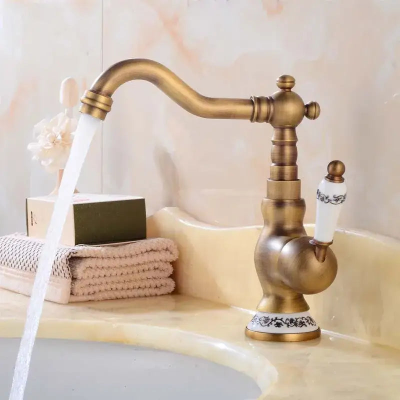 Antique brass basin faucet with floral ceramic handles kitchen mixer