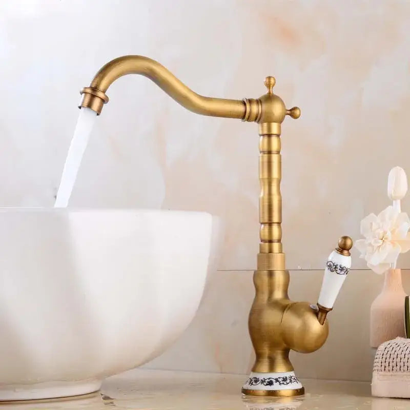 Antique brass basin faucet with floral ceramic handles kitchen mixer