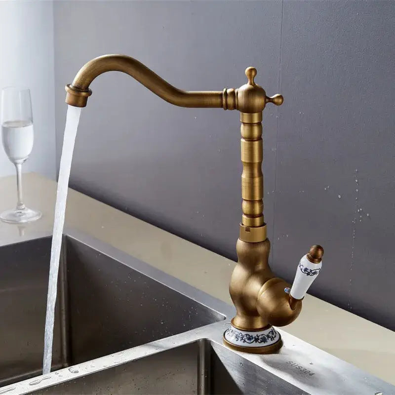 Antique brass basin faucet with floral ceramic handles kitchen mixer