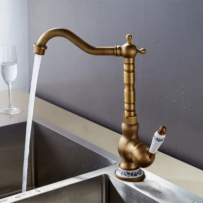 Antique brass basin faucet with floral ceramic handles kitchen mixer