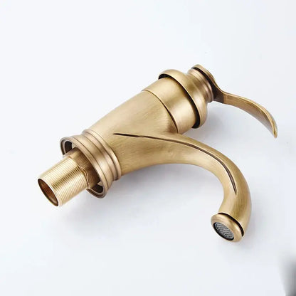 Antique brass basin faucet with curved spout for bathroom sinks