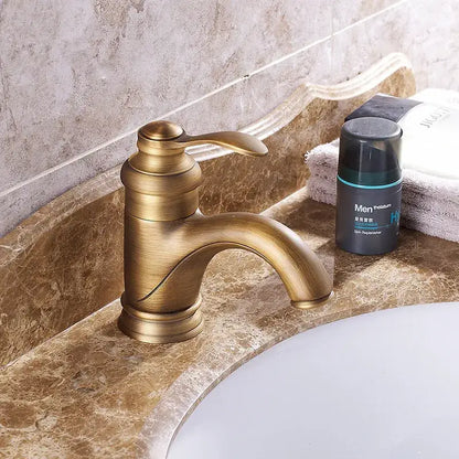 Antique brass basin faucet with curved spout for bathroom sinks
