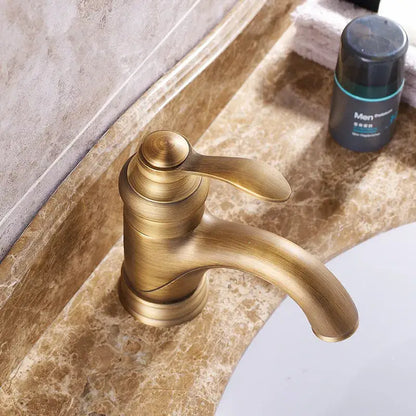 Antique brass basin faucet with curved spout for bathroom sinks