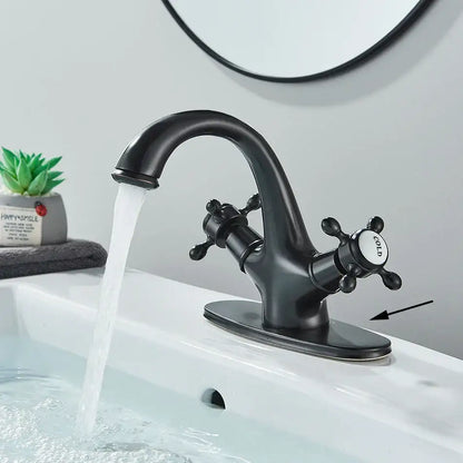 Antique brass basin faucet with ornate cross handles for bathroom