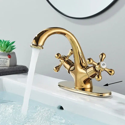 Antique brass basin faucet with ornate cross handles for bathroom