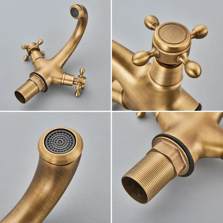Antique brass basin faucet with ornate cross handles for bathroom