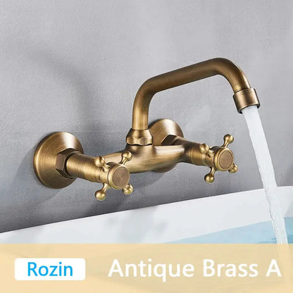Antique brass basin faucet wall mounted bathroom swivel mixer tap