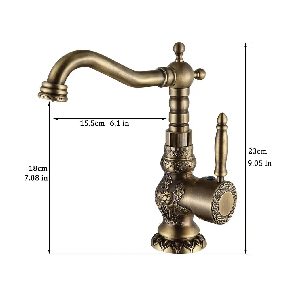 Antique brass basin faucet with engraved floral detail kitchen tap
