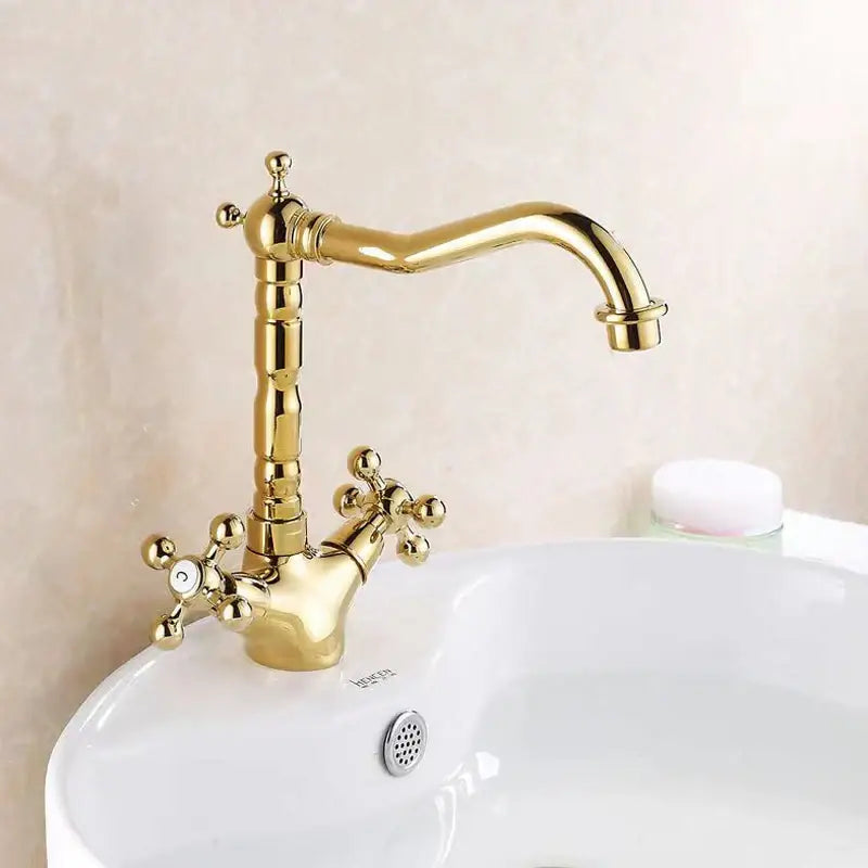 Antique brass basin faucet with cross handles for kitchen