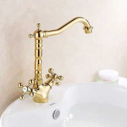 Antique brass basin faucet with cross handles for kitchen