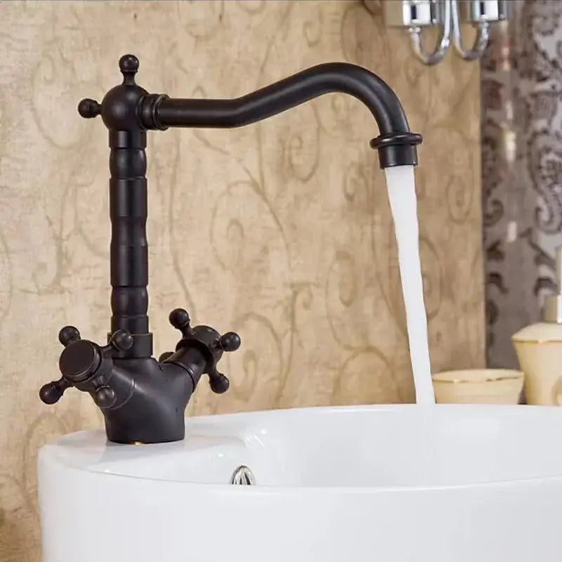 Antique brass basin faucet with cross handles for kitchen
